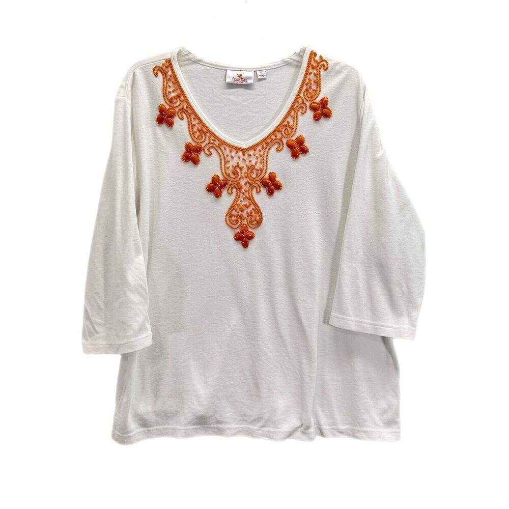 Quacker Factory Top 1X V-Neck Embellished Beaded White Orange 3/4 3/4 Sleeves